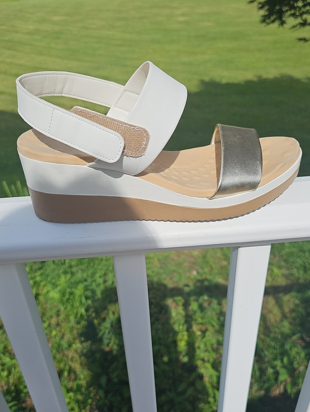 White & Gold Wedge Sandal with Ankle Strap